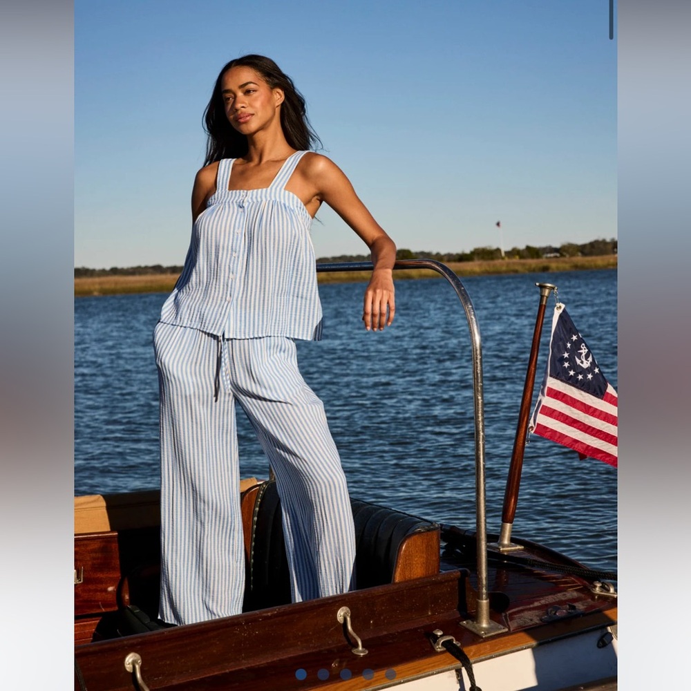 Lake pajamas Hamptons Pants Set in Sail Blue Awning Stripe size Small NWT